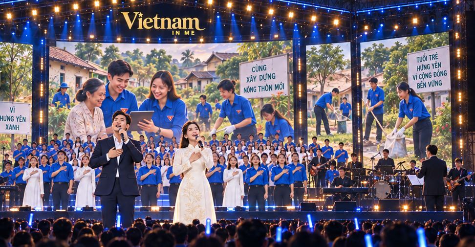 Sân khấu Vietnam In Me với hợp xướng thanh niên và màn hình chiếu hoạt động cộng đồng