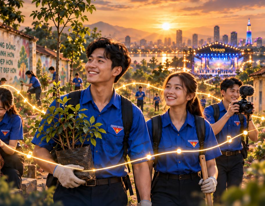 Thanh niên mang cây giống, phía xa là sân khấu Vietnam In Me
